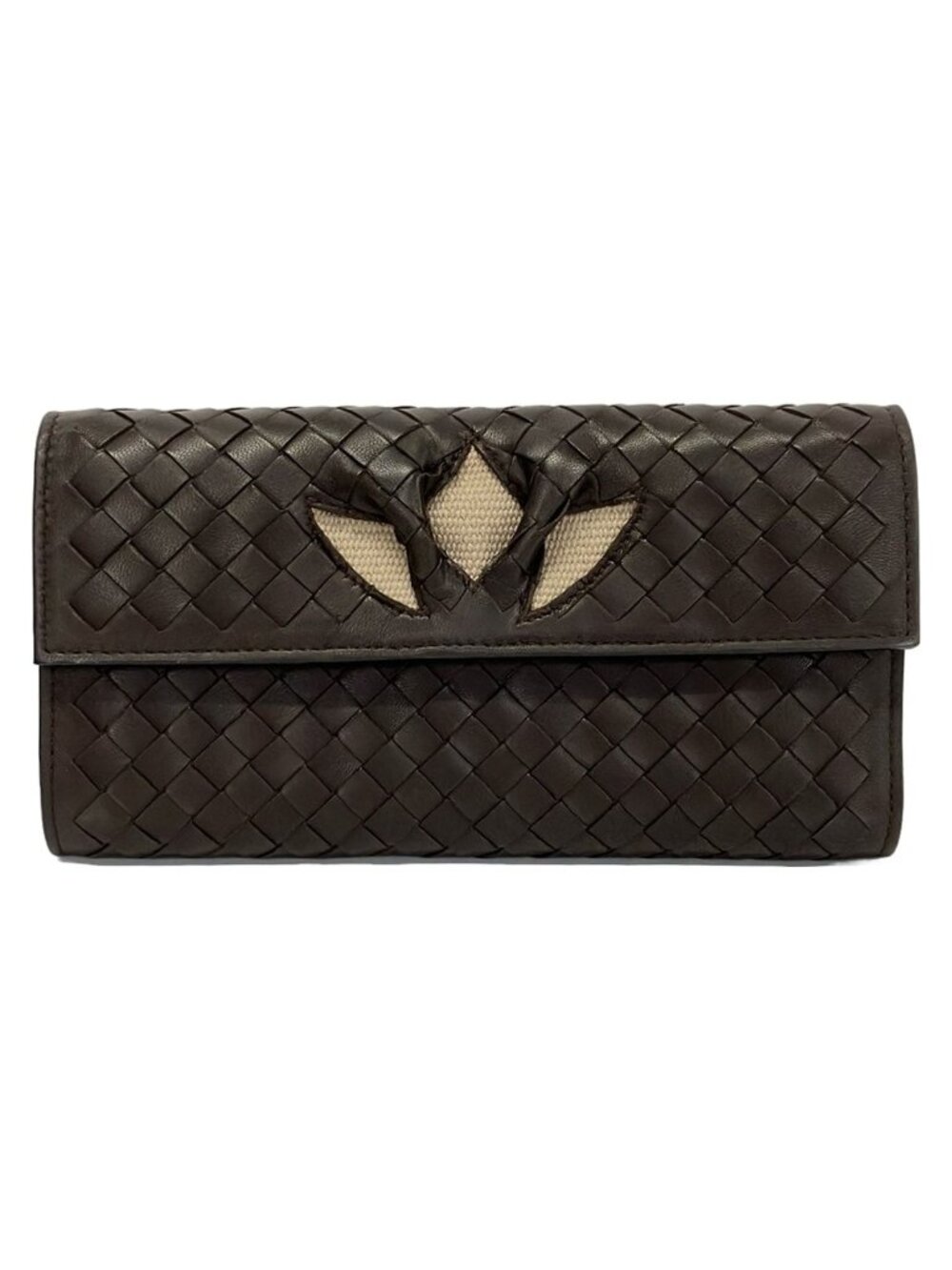Bottega Veneta Wallet Intrecciato Dark Brown Gray Beige Cutout Linen Leather